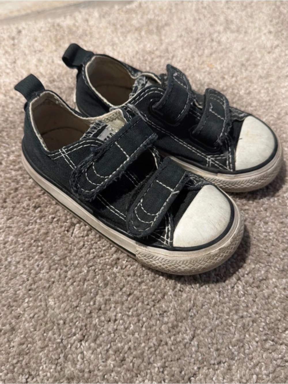 Kids Black Canvas Velcro Sneakers with Contrast Stitching